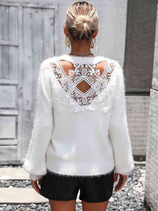 Lace Detail Cutout Long Sleeve Pullover Sweater - Body By J'ne