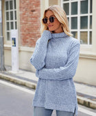 Ribbed Turtleneck Long Sleeve Slit Knit Top - Body By J'ne