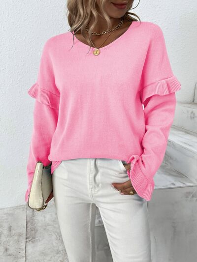 Ruffled V-Neck Dropped Shoulder Sweater - Body By J'ne