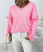 Ruffled V-Neck Dropped Shoulder Sweater - Body By J'ne