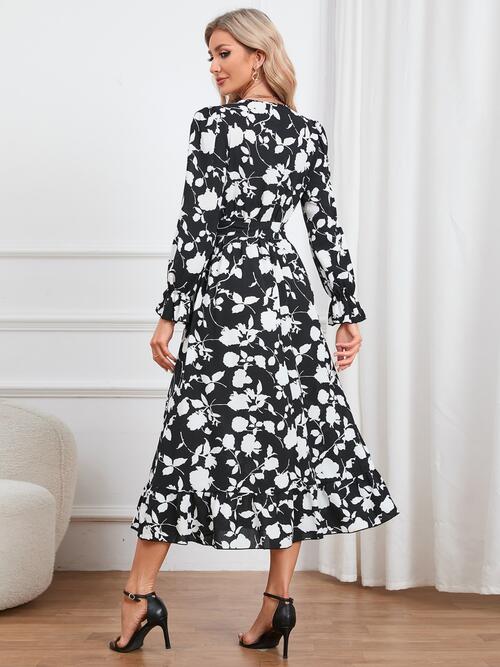 Floral Surplice Flounce Sleeve Ruffle Hem Dress - Body By J'ne