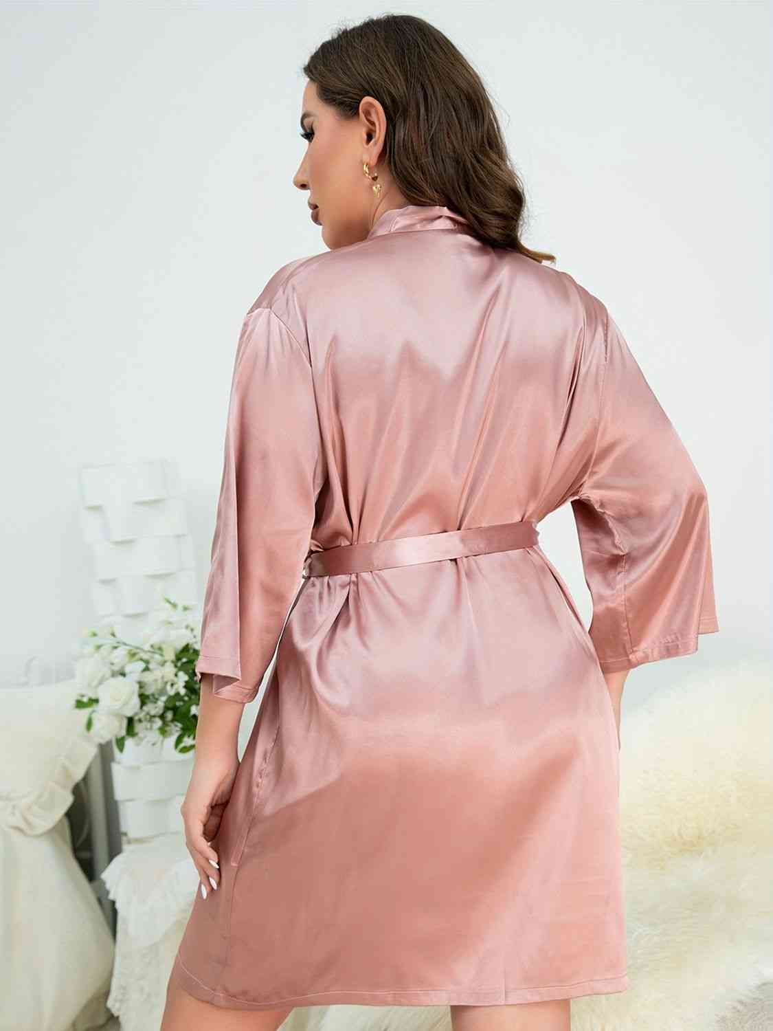 Plus Size Surplice Neck Tie Waist Robe - Body By J'ne