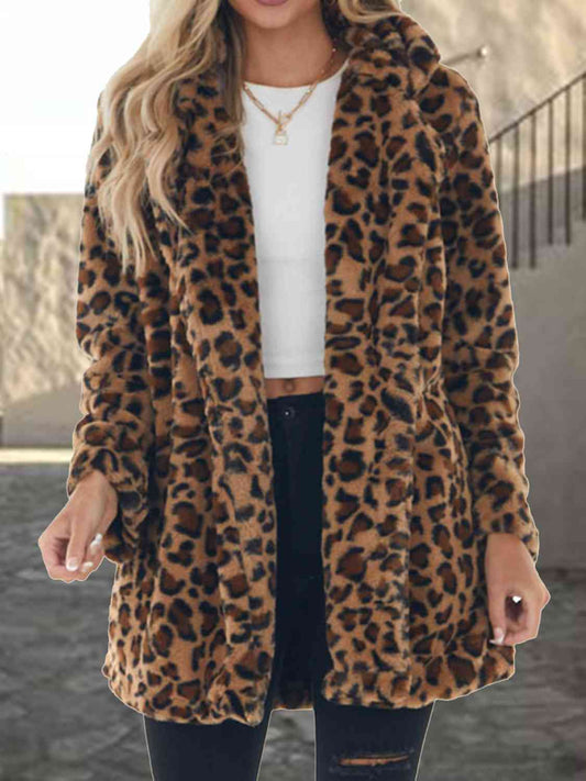 Leopard Collared Neck Coat with Pockets - Body By J'ne