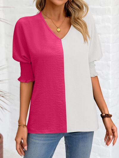 Contrast V-Neck Lantern Sleeve Blouse - Body By J'ne