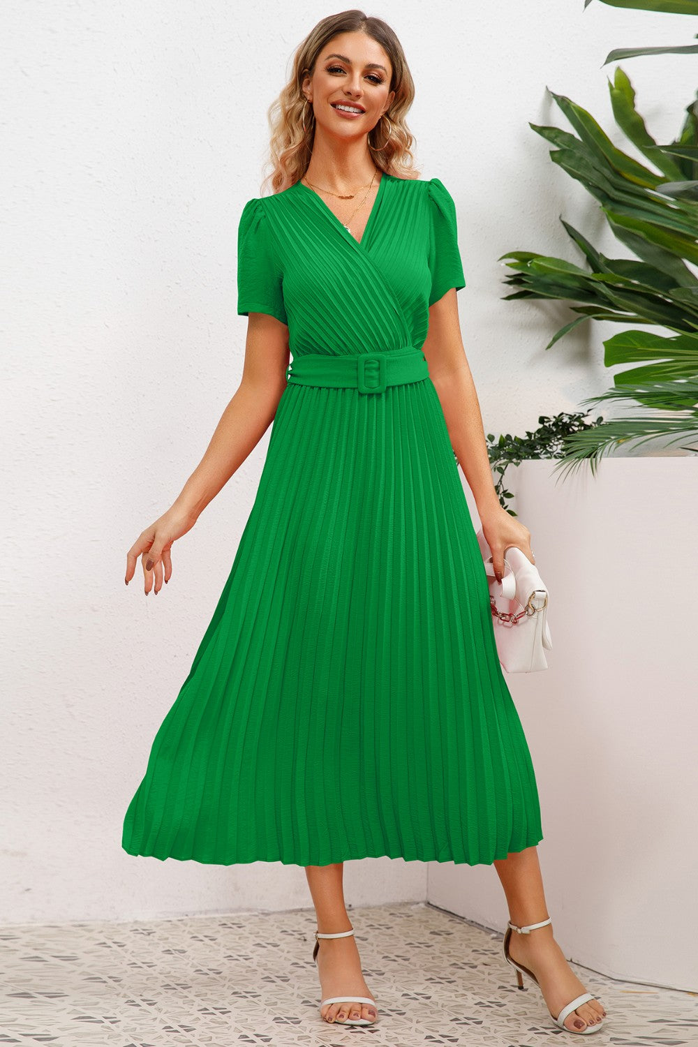Pleated Surplice Short Sleeve Midi Dress - Body By J'ne