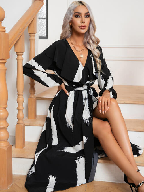 Printed Tie Front Ruffle Trim Long Sleeve Dress - Body By J'ne