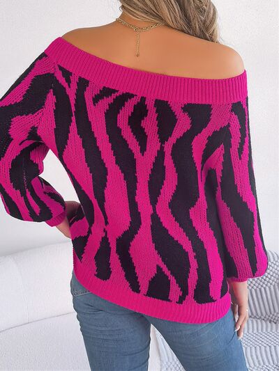 Off-Shoulder Animal Print Long Sleeve Sweater - Body By J'ne