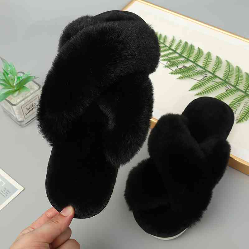 Faux Fur Crisscross Strap Slippers - Body By J'ne