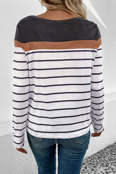 Striped Round Neck Long Sleeve T-Shirt - Body By J'ne