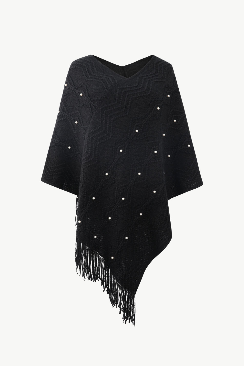 Pearl Trim V-Neck Fringe Hem Poncho - Body By J'ne