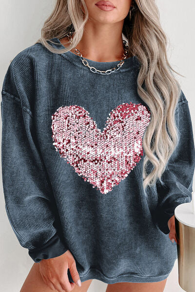 Plus Size Heart Sequin Round Neck Sweatshirt - Body By J'ne