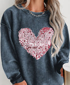 Plus Size Heart Sequin Round Neck Sweatshirt - Body By J'ne