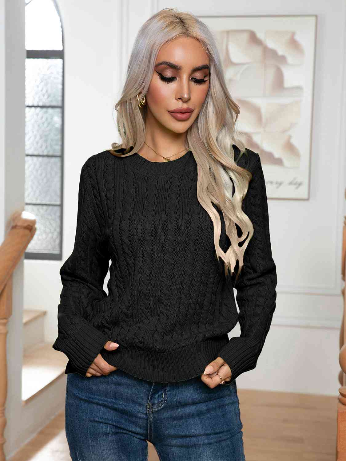 Cable-Knit Round Neck Long Sleeve Sweater - Body By J'ne