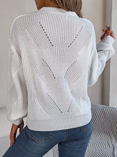 Openwork Half Button Lantern Sleeve Sweater - Body By J'ne