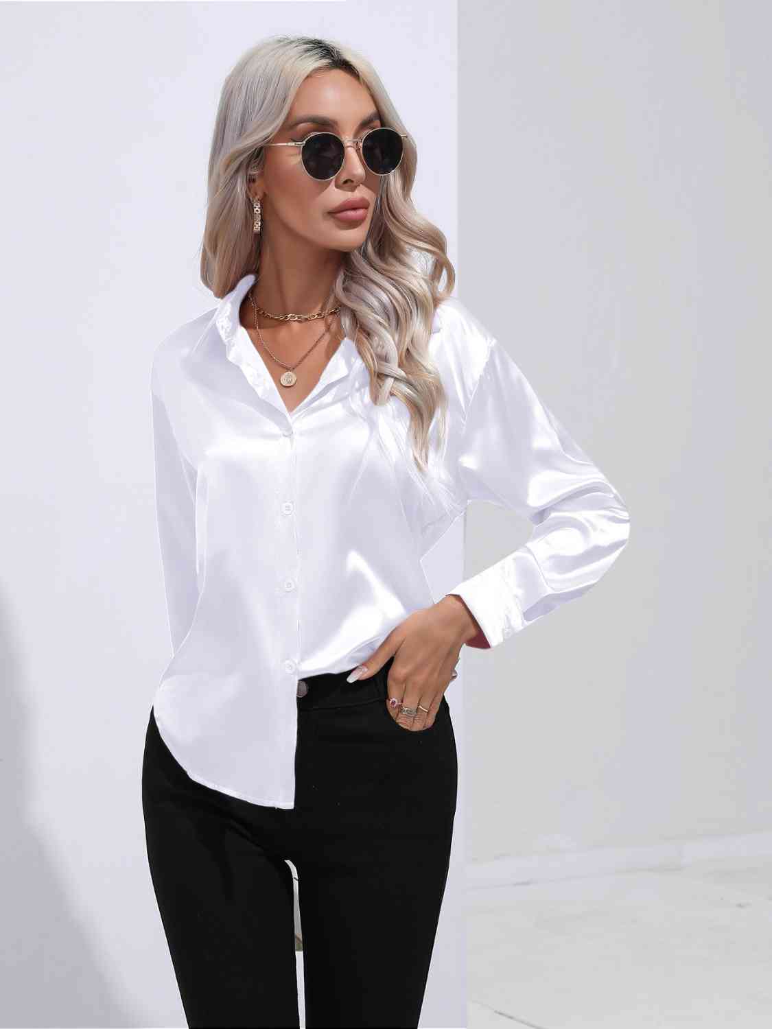 Collared Neck Buttoned Long Sleeve Shirt - Body By J'ne