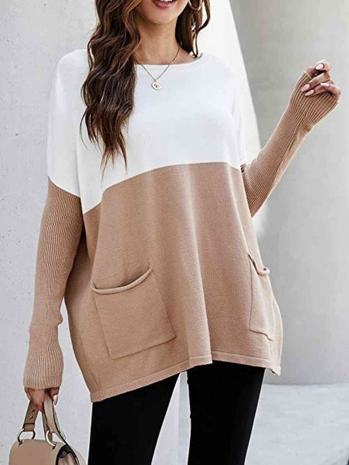 Two Tone Pullover Sweater with Pockets - Body By J'ne