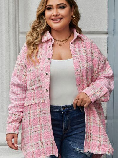 Plus Size Plaid Pocketed Snap Down Jacket - Body By J'ne