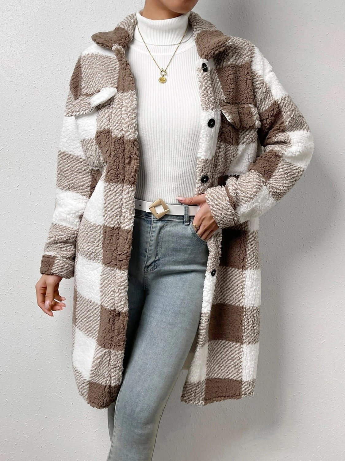 Plaid Collared Neck Button Down Coat - Body By J'ne