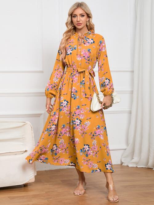 Floral Tie Front Balloon Sleeve Dress - Body By J'ne
