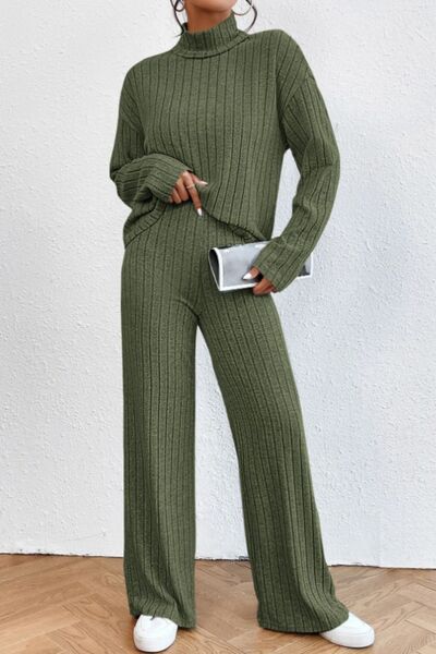 Mock Neck Dropped Shoulder Top and Pants Set - Body By J'ne