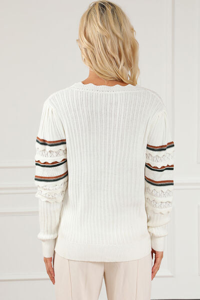Openwork Striped Round Neck Sweater - Body By J'ne
