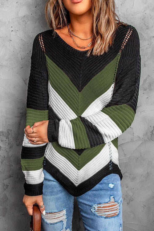 Eyelet Color Block Long Sleeve Sweater - Body By J'ne