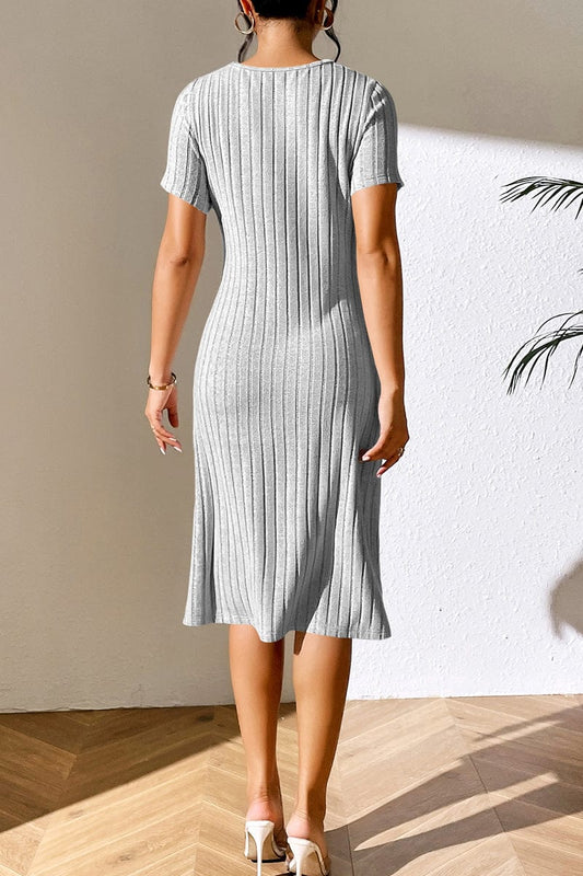 Ribbed Asymmetrical Neck Short Sleeve Dress - Body By J'ne