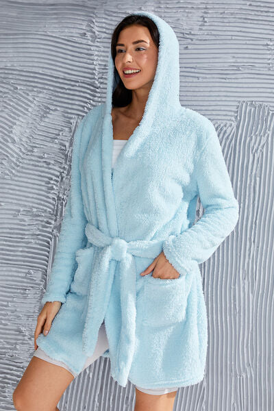 Fuzzy Tied Pocketed Hooded Lounge Nightgown - Body By J'ne