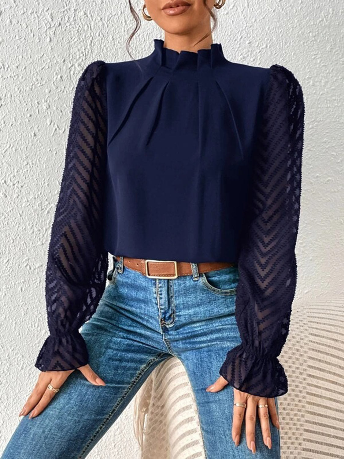 Mock Neck Flounce Sleeve Blouse - Body By J'ne