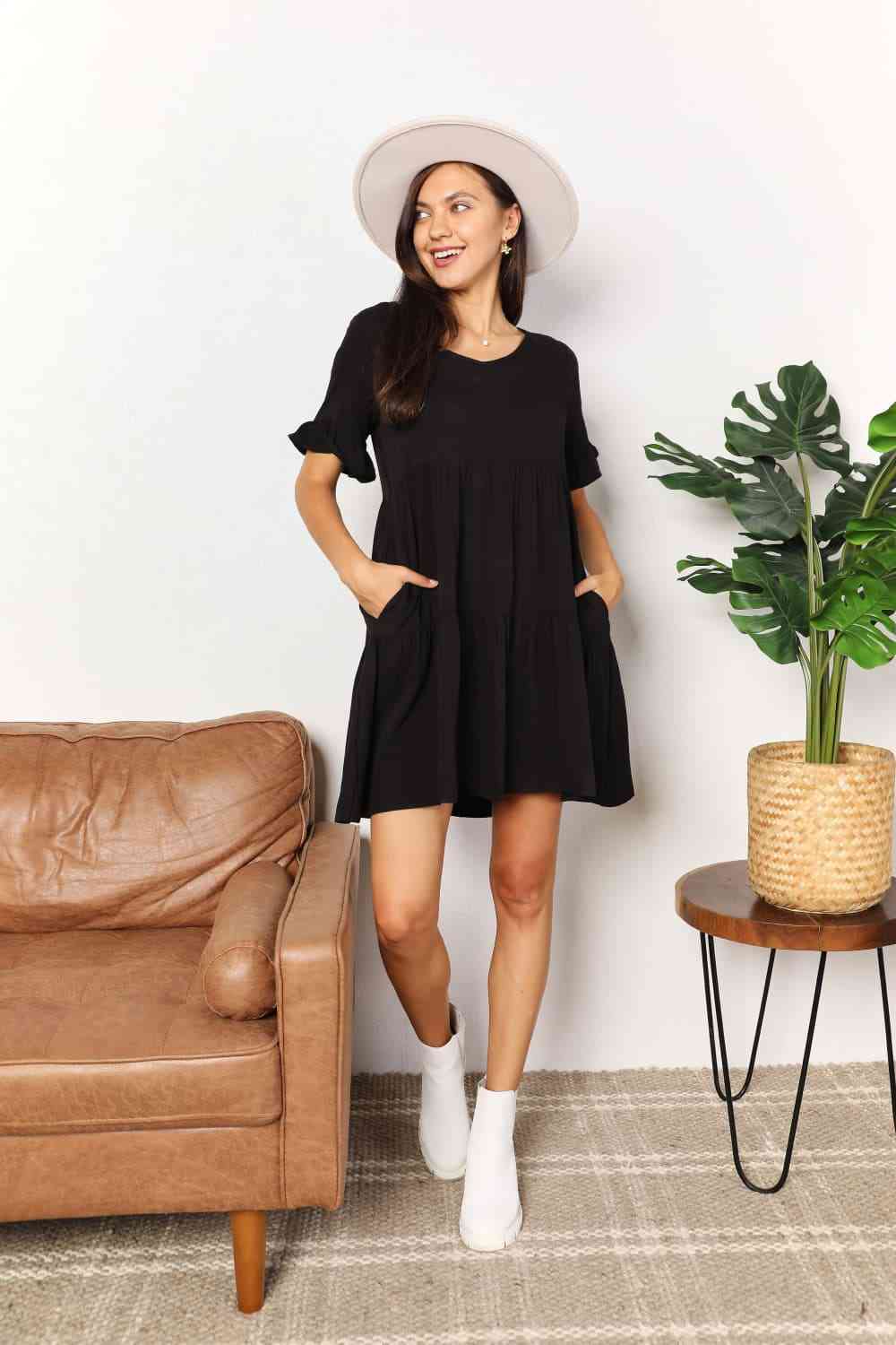 V-Neck Flounce Sleeve Tiered Dress - Body By J'ne