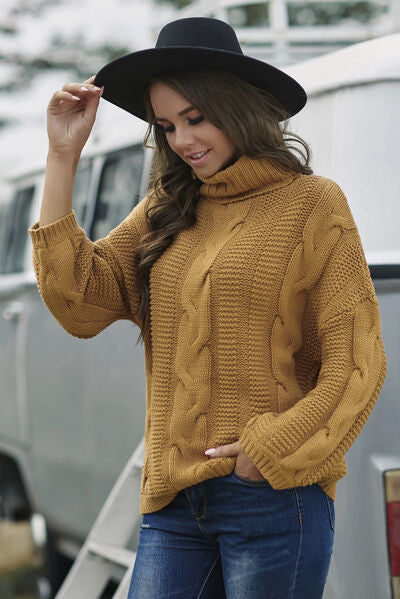 Cable-Knit Turtleneck Dropped Shoulder Sweater - Body By J'ne