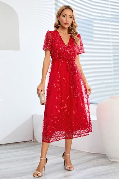 Sequin Leaf Embroidery Tie Front Short Sleeve Dress - Body By J'ne