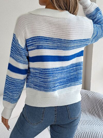 Striped Collared Neck Long Sleeve Sweater - Body By J'ne