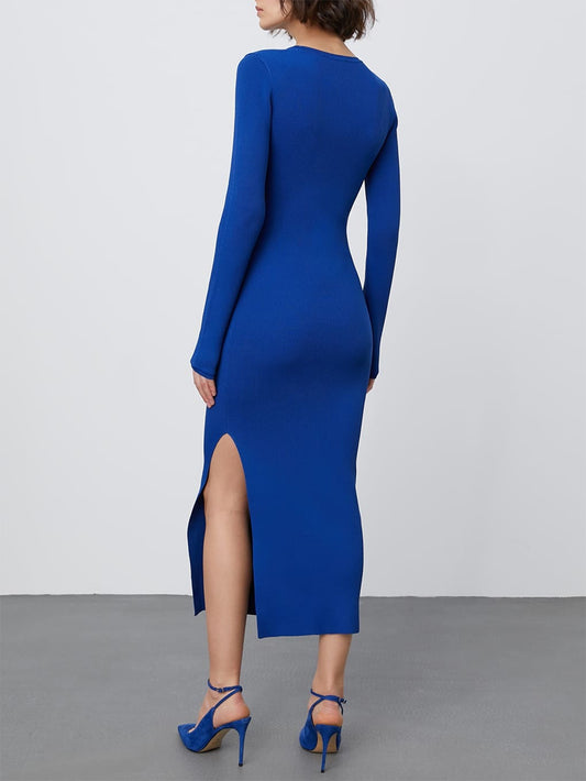 Round Neck Slit Sweater Dress - Body By J'ne