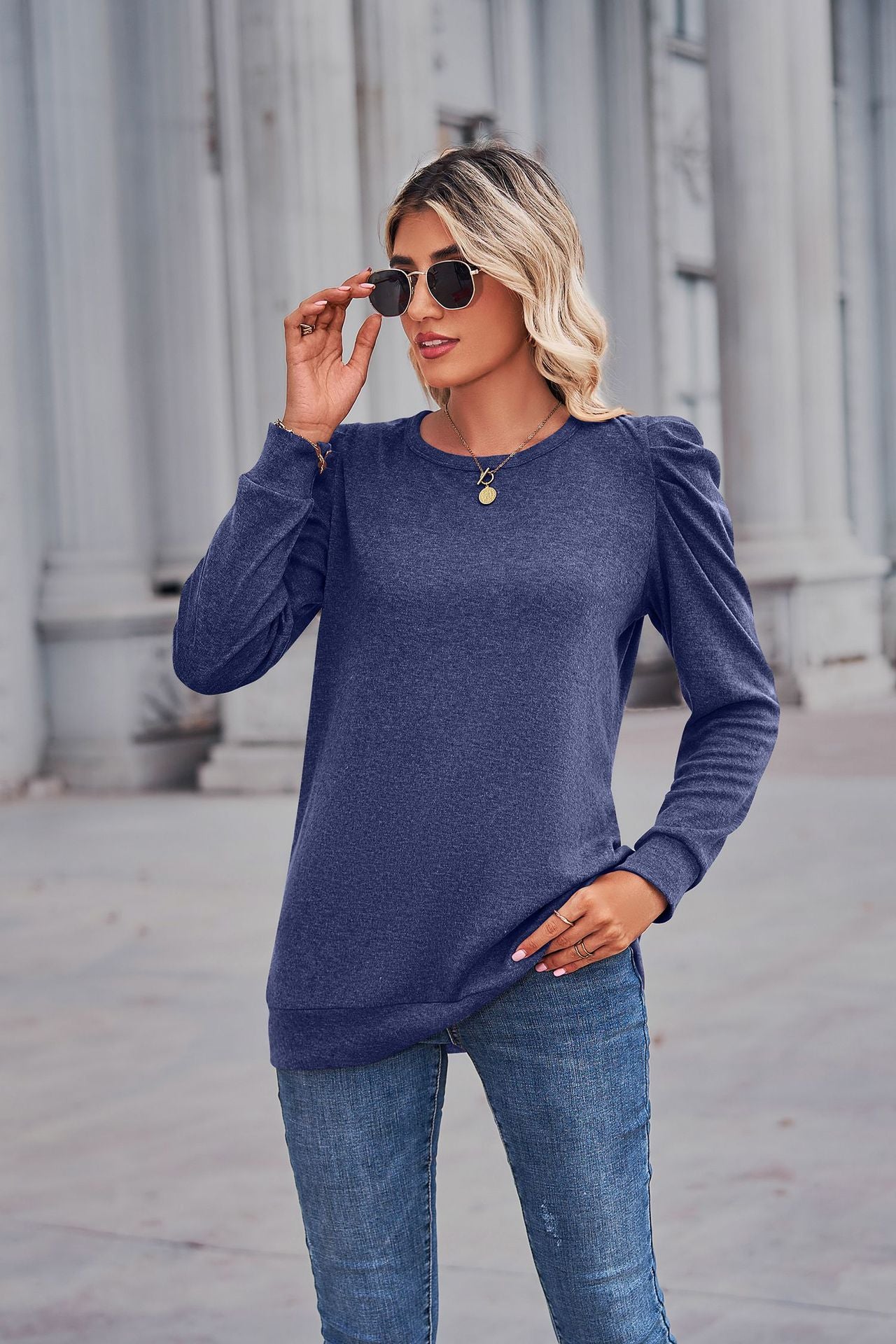 Heathered Puff Sleeve Round Neck Tunic Top - Body By J'ne