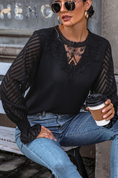 Lace Detail Smocked Flounce Sleeve Blouse - Body By J'ne