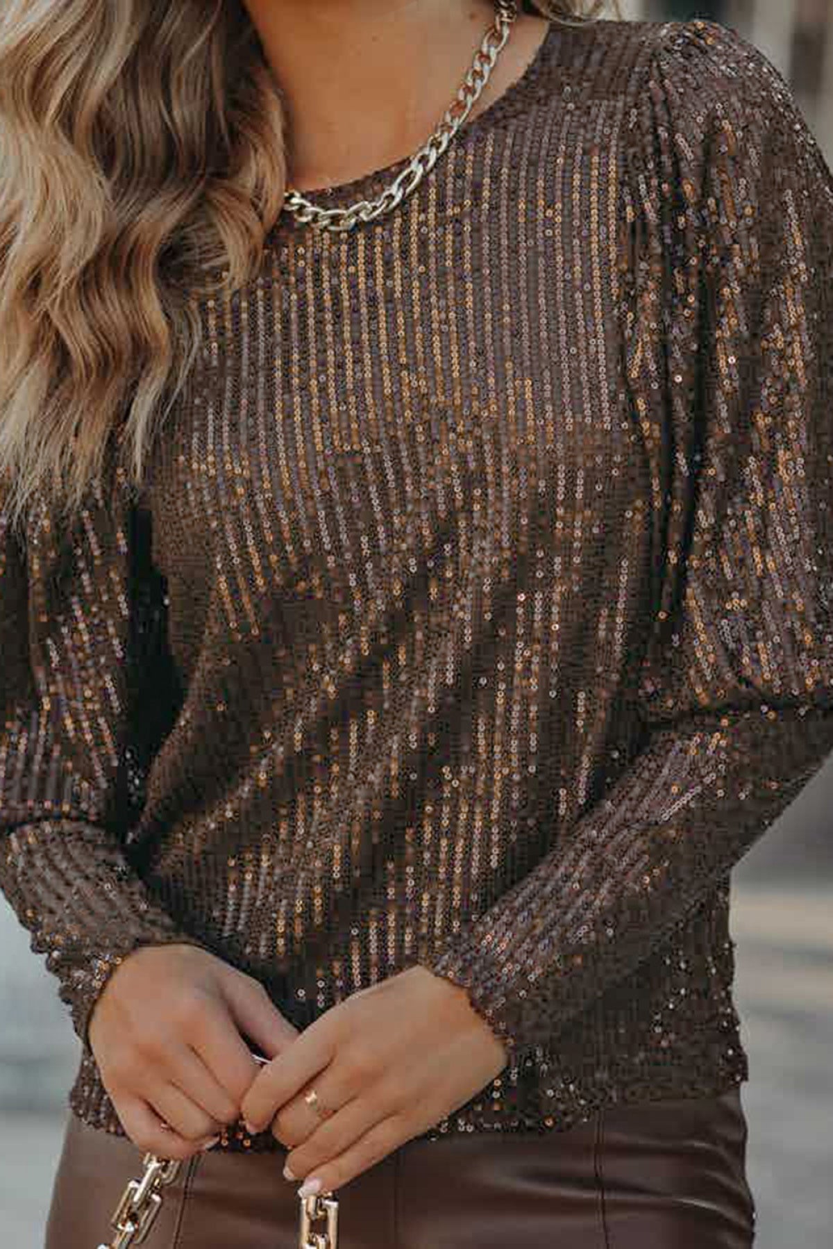 Brown Cuffed Sequin Top - Body By J'ne