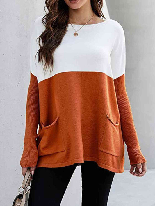 Two Tone Pullover Sweater with Pockets - Body By J'ne