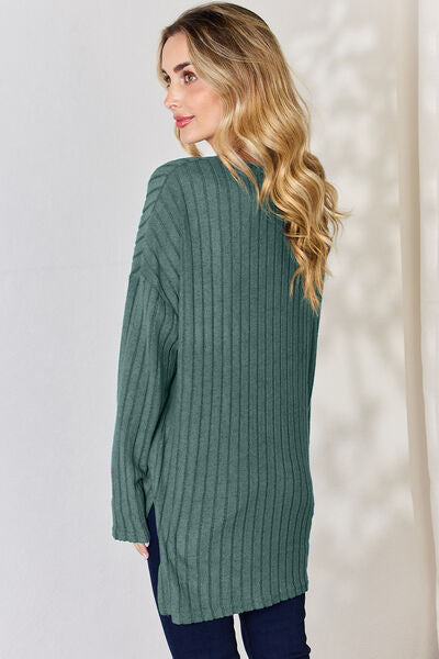 Full Size Ribbed Half Button Long Sleeve High-Low T-Shirt - Body By J'ne