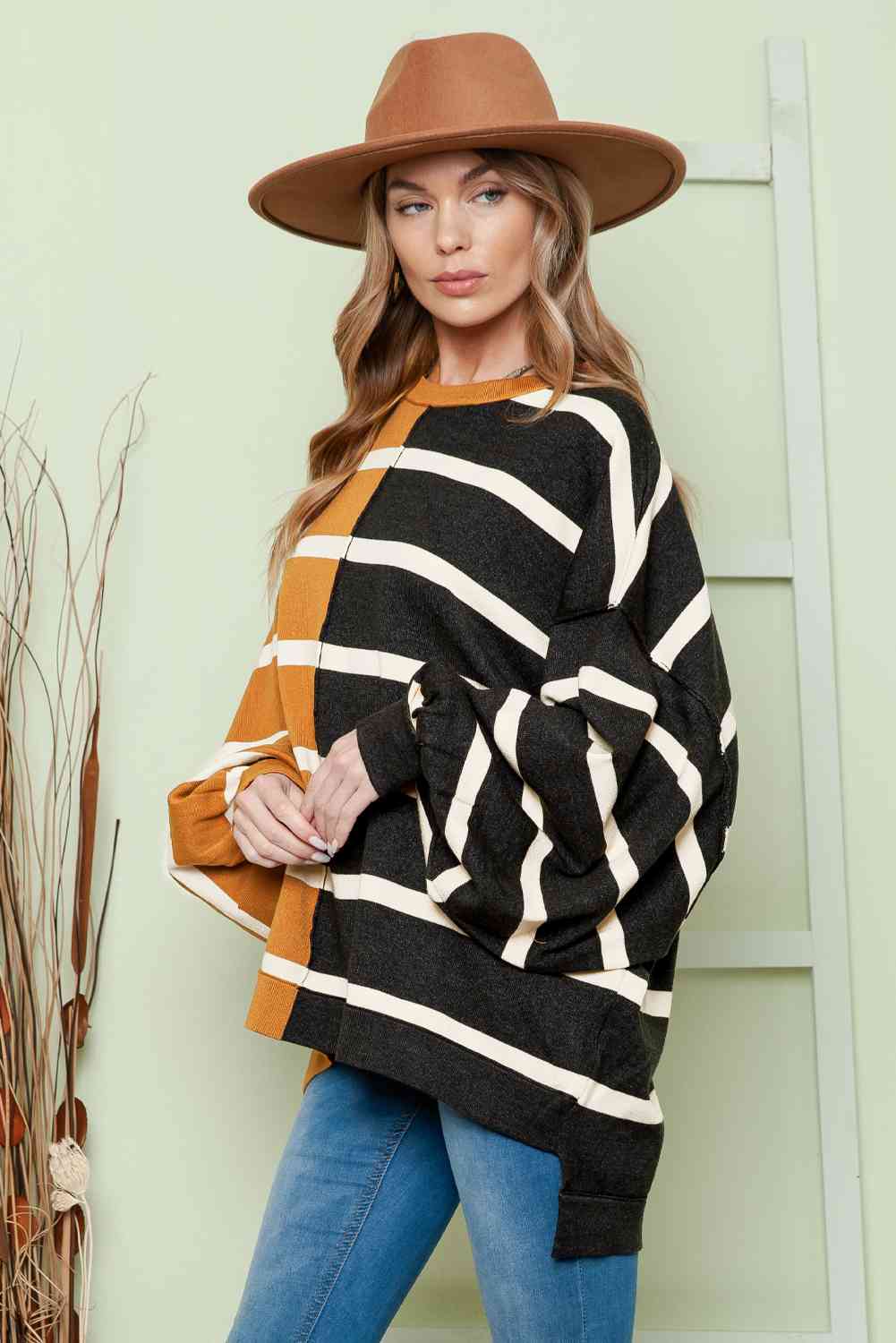 Striped Dropped Shoulder Round Neck Blouse - Body By J'ne