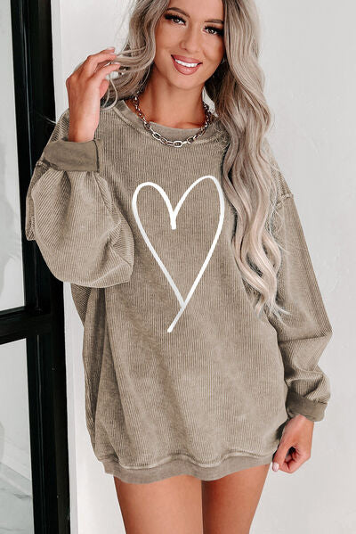 Heart Round Neck Dropped Shoulder Sweatshirt - Body By J'ne