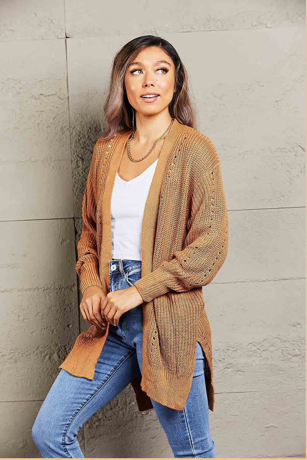 Openwork Rib-Knit Slit Cardigan - Body By J'ne