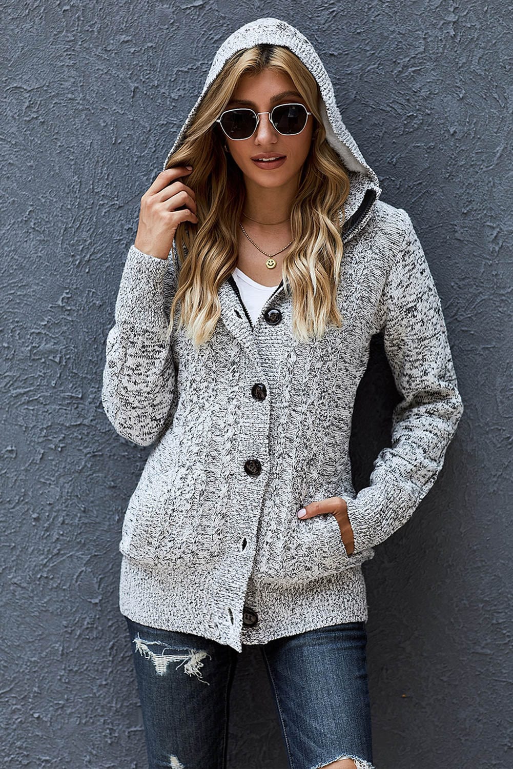 Cable-Knit Fleece Lining Button-Up Hooded Cardigan - Body By J'ne