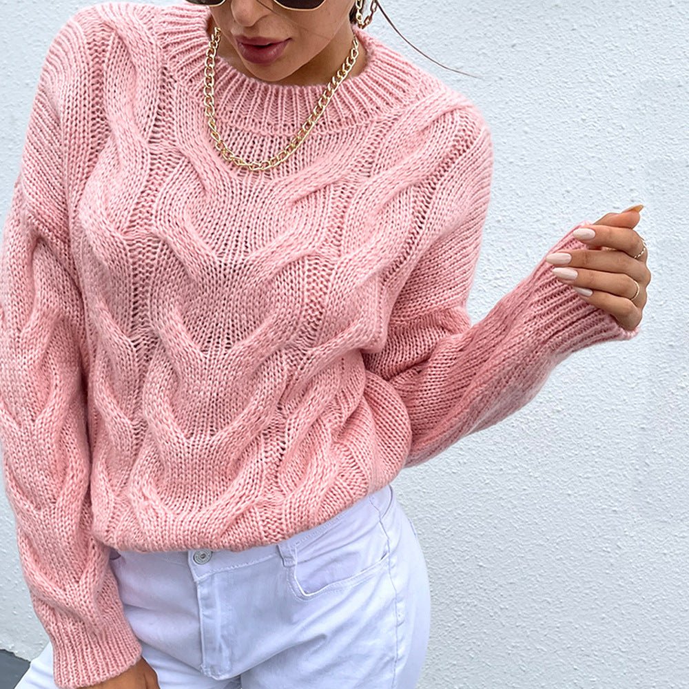 Cable-Knit Round Neck Long Sleeve Sweater - Body By J'ne