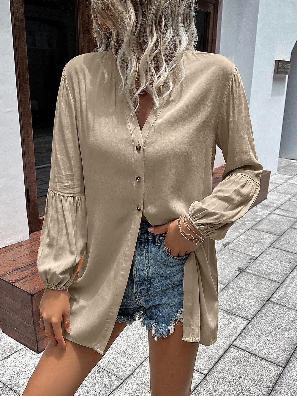 Notched Neck Balloon Sleeve Shirt - Body By J'ne