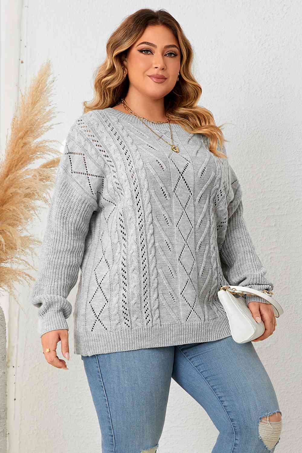 Plus Size Cold Shoulder Asymmetrical Cable-Knit Top - Body By J'ne