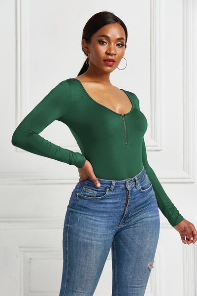 Half Zip Scoop Neck Long Sleeve Bodysuit - Body By J'ne