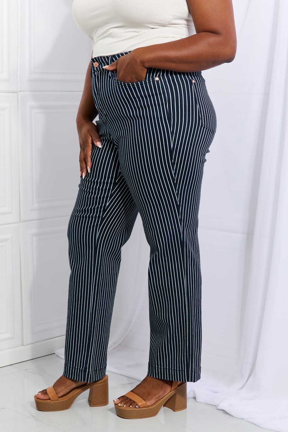 Cassidy Full Size High Waisted Tummy Control Striped Straight Jeans - Body By J'ne