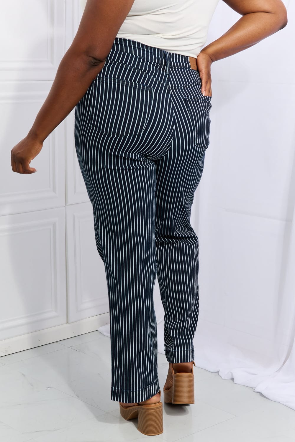 Cassidy Full Size High Waisted Tummy Control Striped Straight Jeans - Body By J'ne