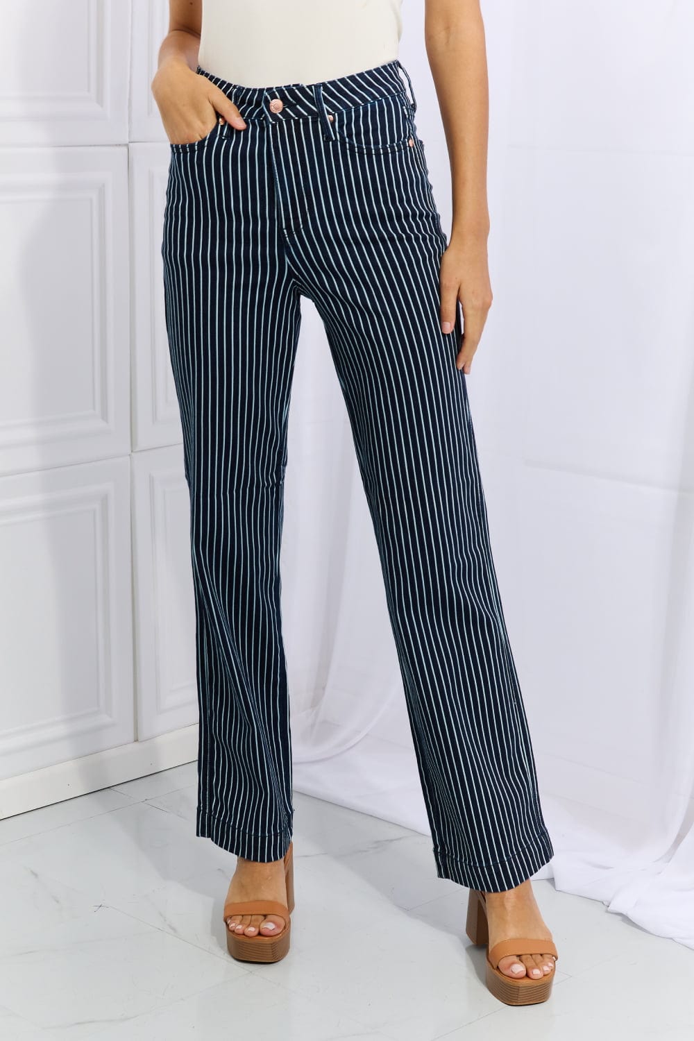 Cassidy Full Size High Waisted Tummy Control Striped Straight Jeans - Body By J'ne